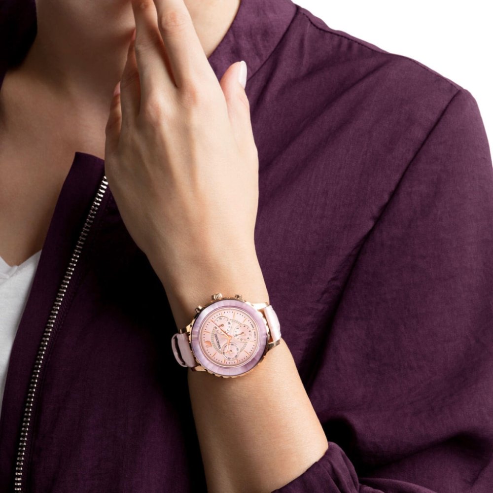 Passage Chrono watch, Swiss Made, Leather strap, Pink, Rose gold-tone  finish